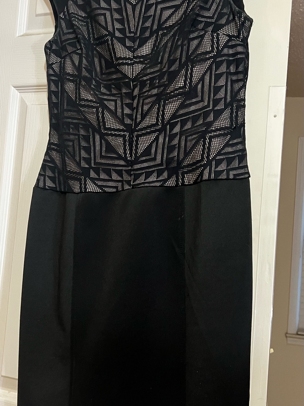 London Times Black Geometric Lace-Overlay Midi Dress
